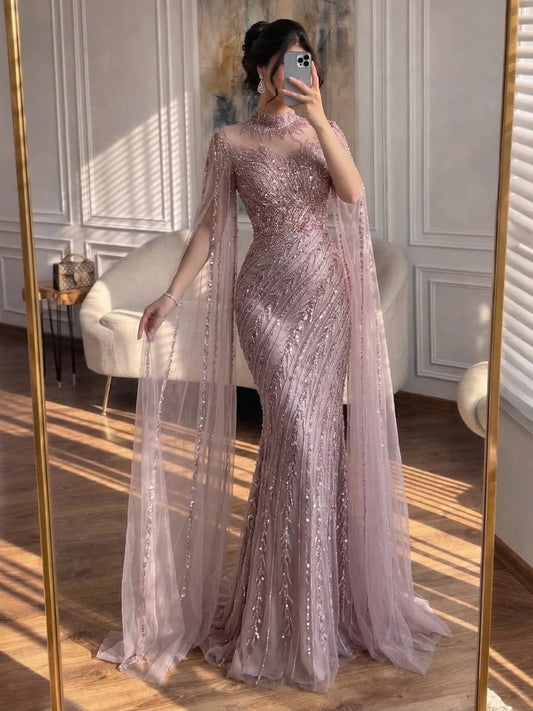Luxury Black Nude Mermaid Evening Dresses with Cape Sleeves LA71885A