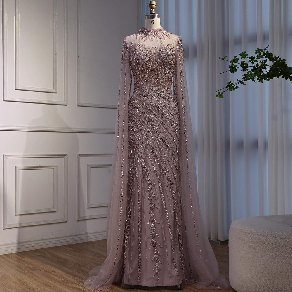 Luxury Black Nude Mermaid Evening Dresses with Cape Sleeves LA71885A