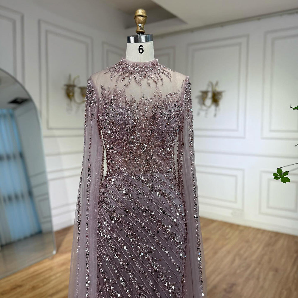 Luxury Black Nude Mermaid Evening Dresses with Cape Sleeves LA71885A