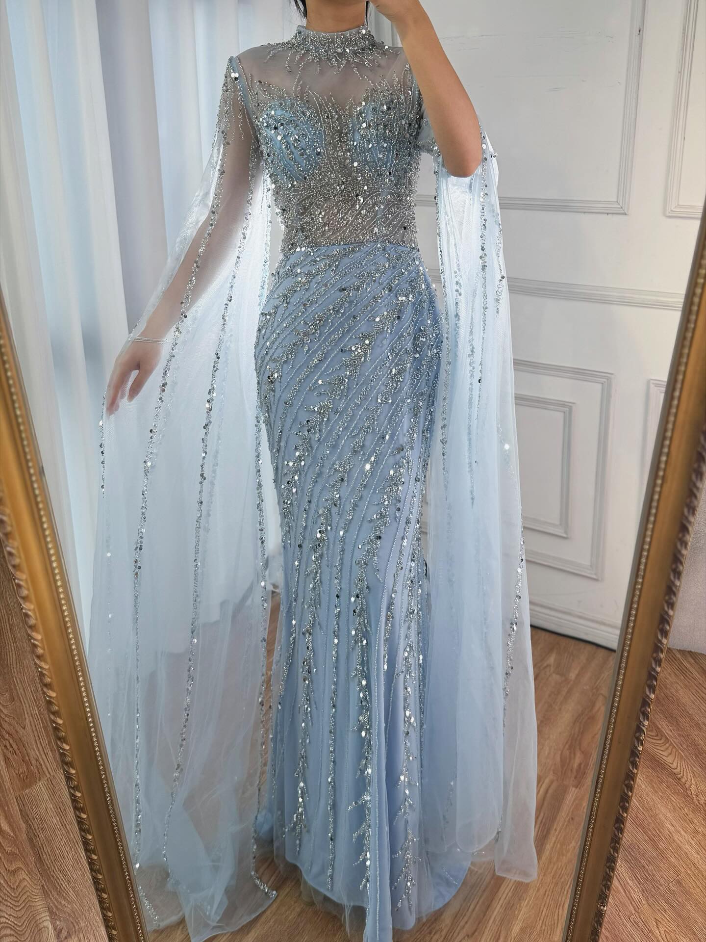 Luxury Black Nude Mermaid Evening Dresses with Cape Sleeves LA71885A