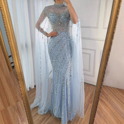 Luxury Black Nude Mermaid Evening Dresses with Cape Sleeves LA71885A