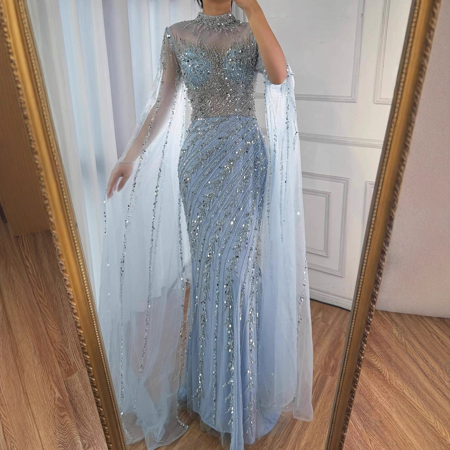 Luxury Black Nude Mermaid Evening Dresses with Cape Sleeves LA71885A