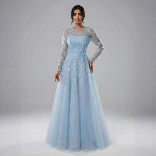 Luxury Arabic Blue O-Neck Beaded A-Line Evening Dress with Long Sleeves LA72009B