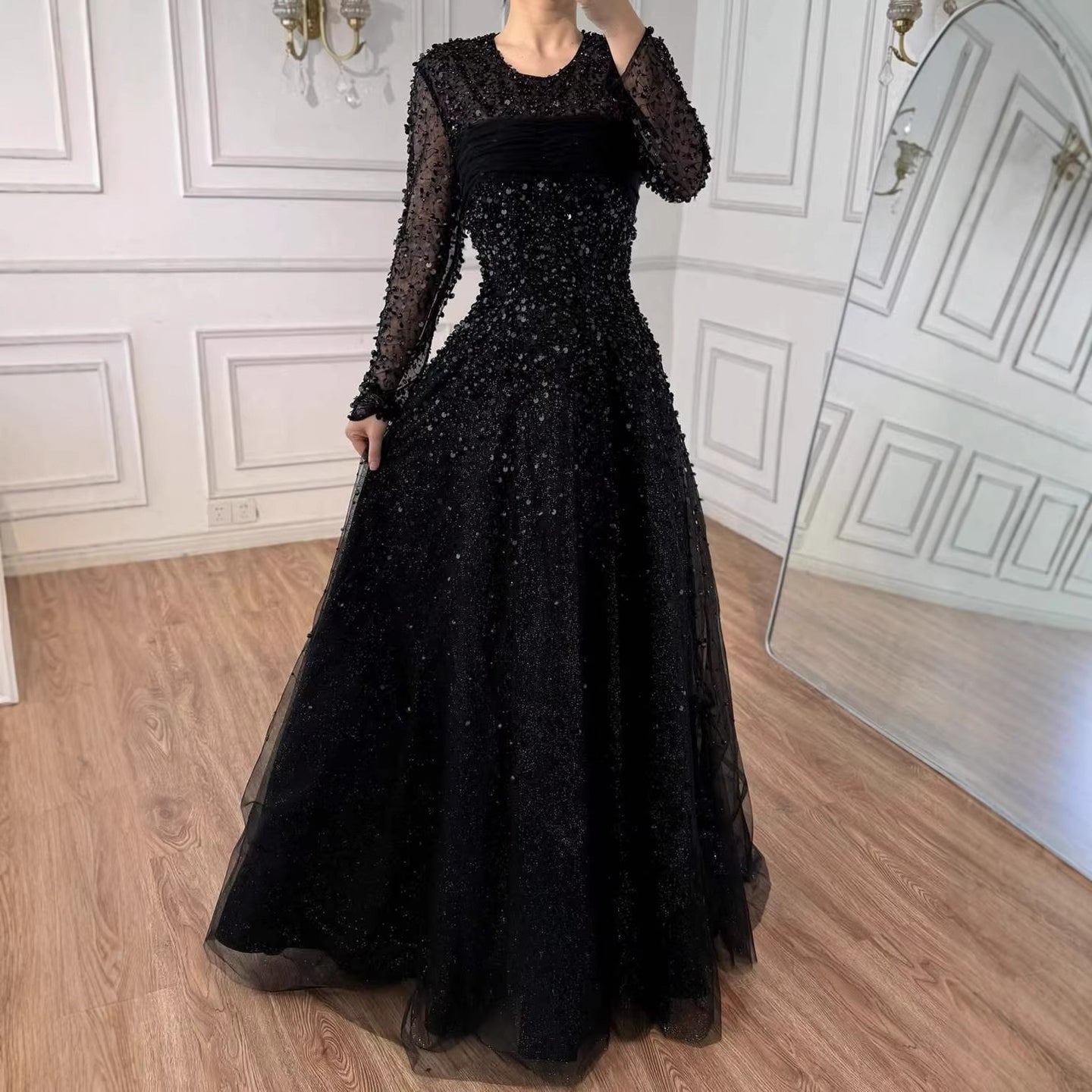 Luxury Arabic Blue O-Neck Beaded A-Line Evening Dress with Long Sleeves LA72009B