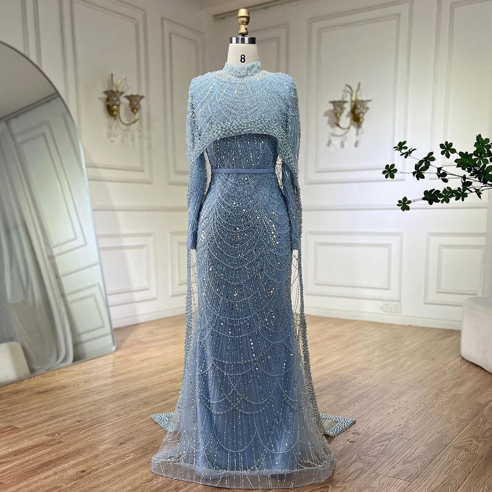 Luxury Nude Mermaid Evening Dress with Cape Dubai Arabic Style LA72032M