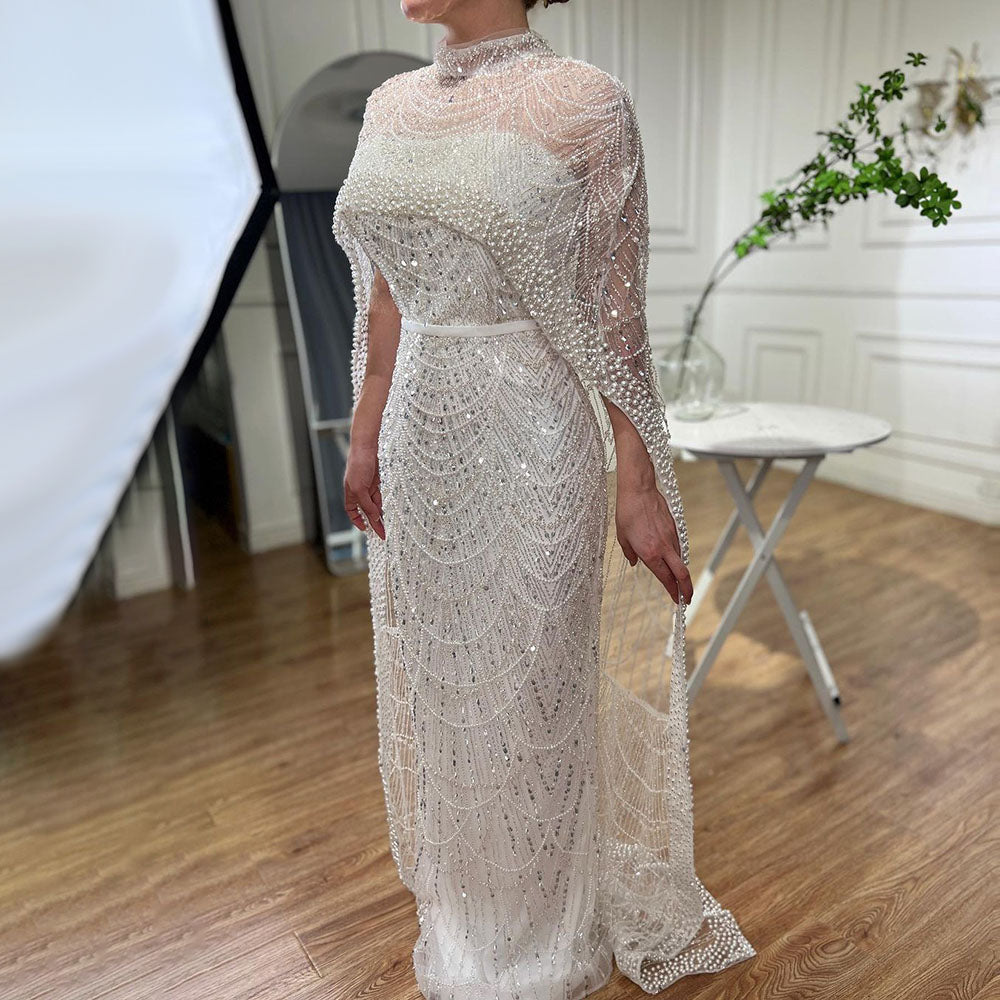 Luxury Dubai Arabia Muslim Nude Mermaid Long Cape Evening Dresses Gowns LA72032