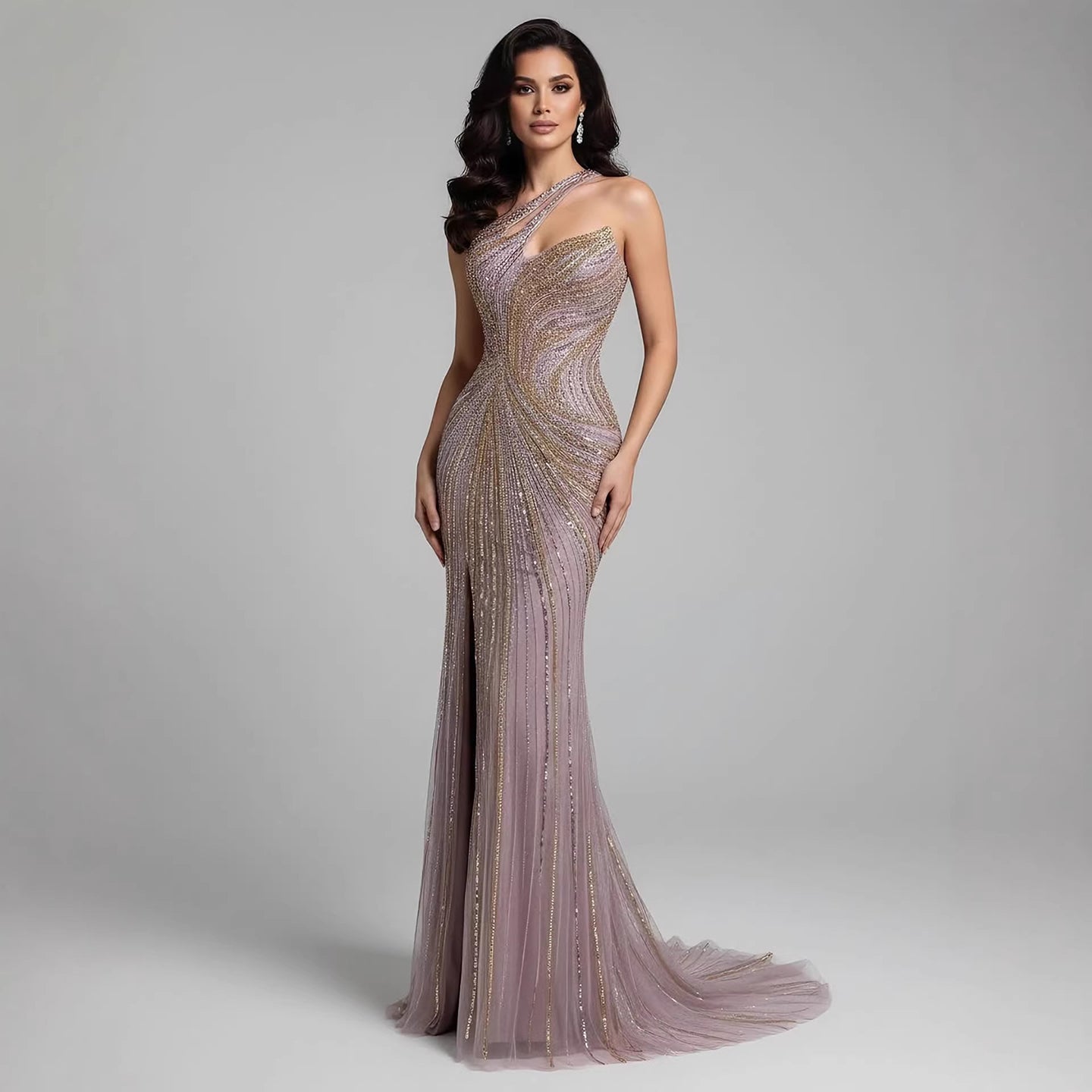 Luxury Dubai Luxury Pink Gold Beaded Sexy Evening Dress With Split LA72104A