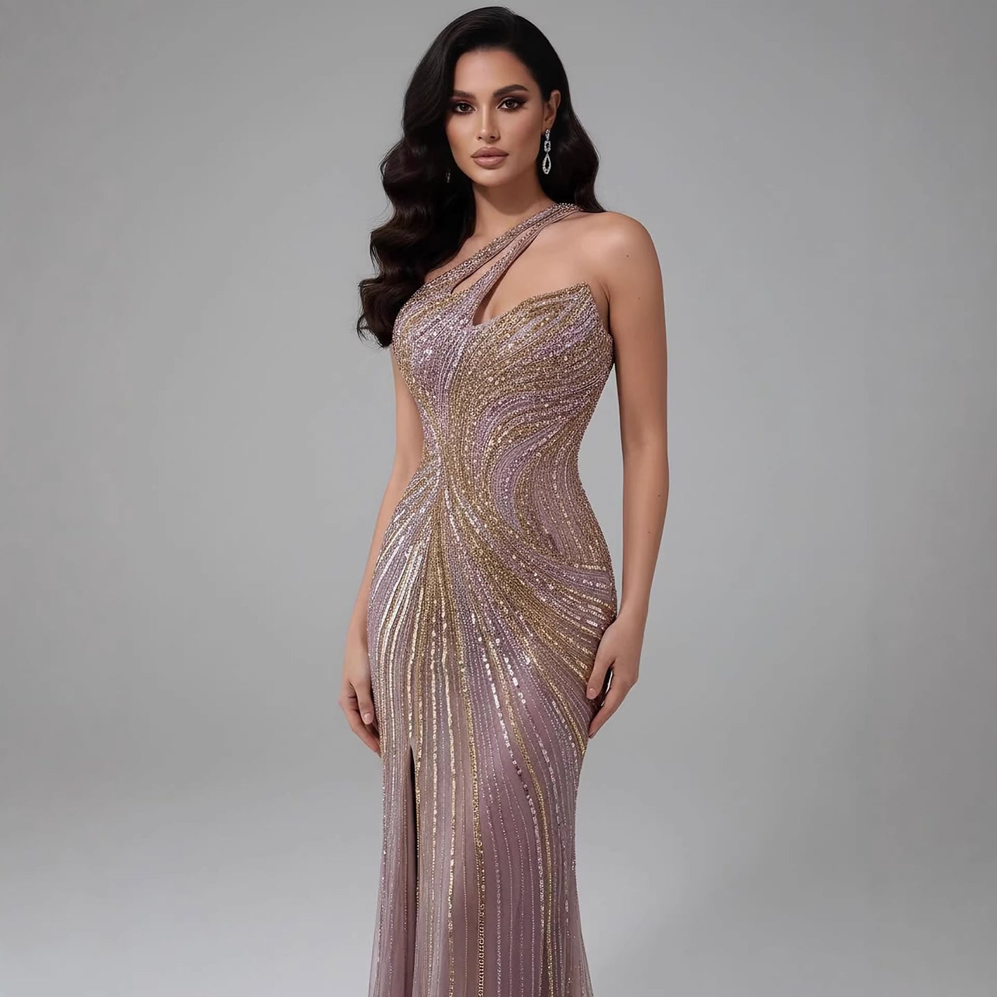 Luxury Dubai Luxury Pink Gold Beaded Sexy Evening Dress With Split LA72104A