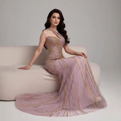 Luxury Dubai Luxury Pink Gold Beaded Sexy Evening Dress With Split LA72104A