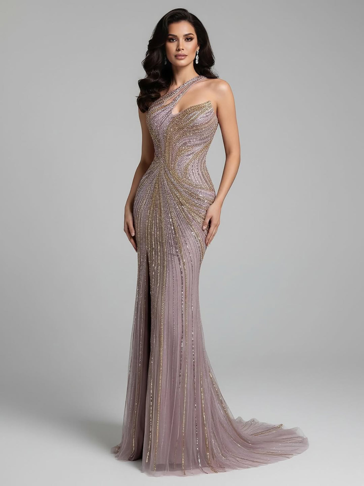Luxury Dubai Luxury Pink Gold Beaded Sexy Evening Dress With Split LA72104A