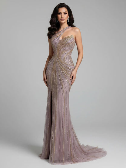 Luxury Dubai Luxury Pink Gold Beaded Sexy Evening Dress With Split LA72104A