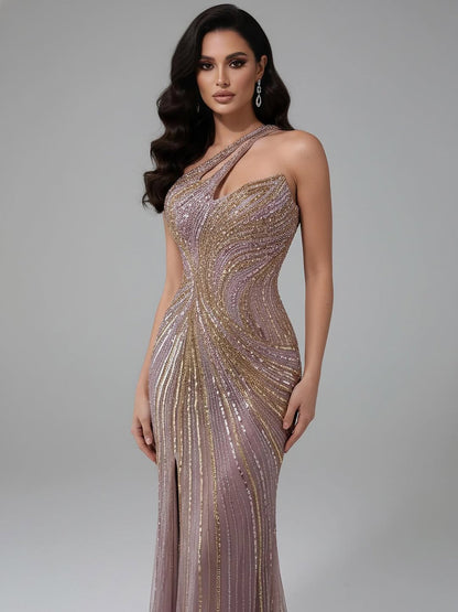 Luxury Dubai Luxury Pink Gold Beaded Sexy Evening Dress With Split LA72104A