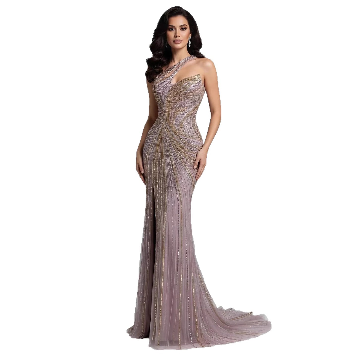 Luxury Dubai Luxury Pink Gold Beaded Sexy Evening Dress With Split LA72104A