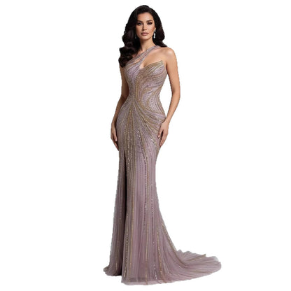 Luxury Dubai Luxury Pink Gold Beaded Sexy Evening Dress With Split LA72104A