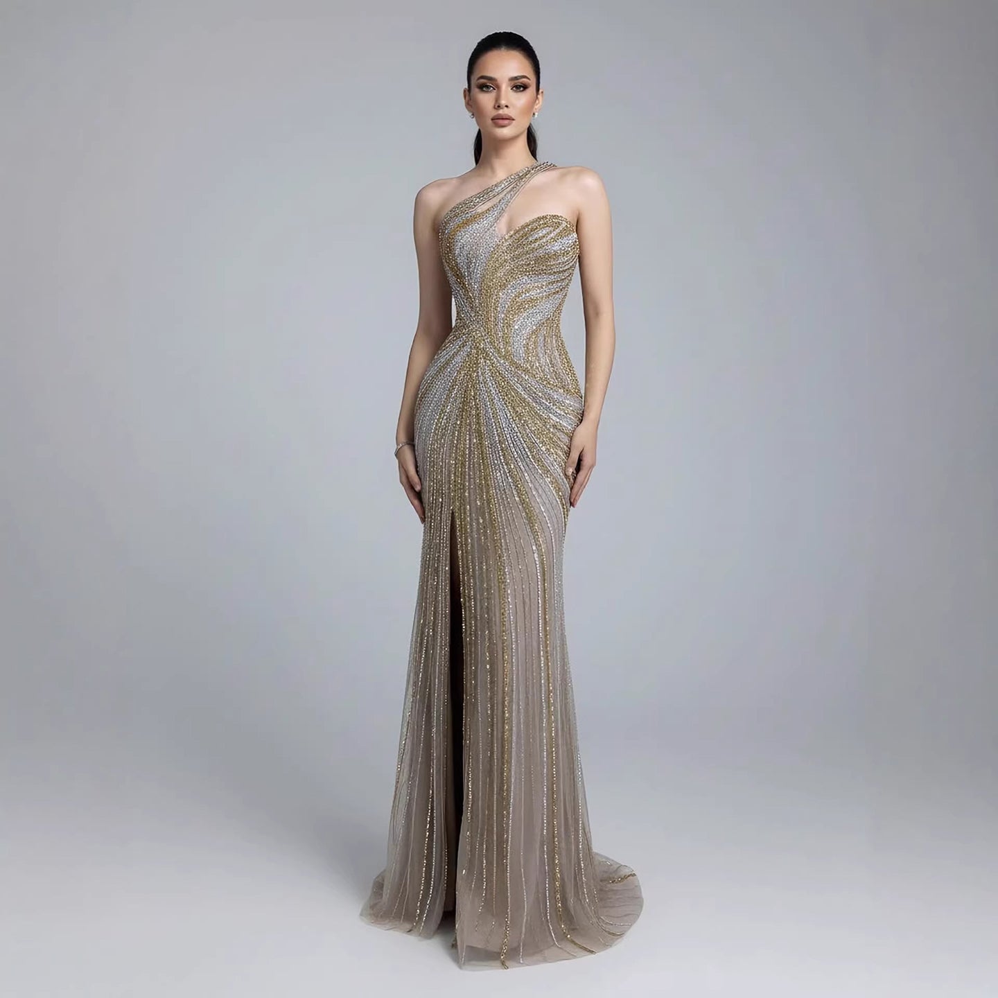 Luxury Dubai Luxury Pink Gold Beaded Sexy Evening Dress With Split LA72104A