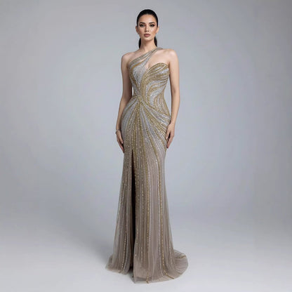 Luxury Dubai Luxury Pink Gold Beaded Sexy Evening Dress With Split LA72104A
