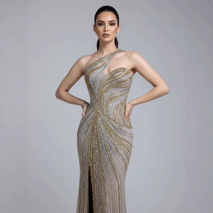 Luxury Dubai Luxury Pink Gold Beaded Sexy Evening Dress With Split LA72104A