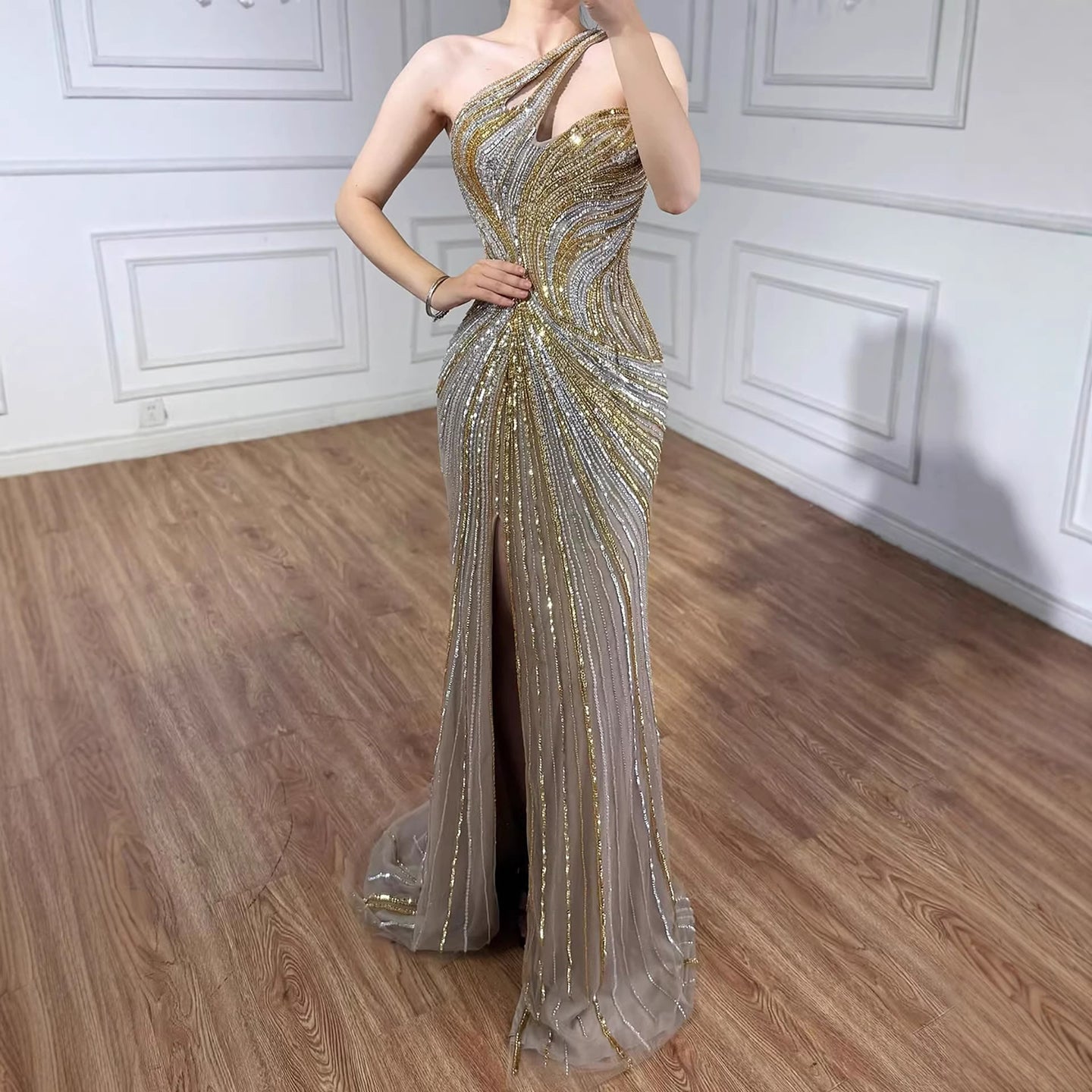 Luxury Dubai Luxury Pink Gold Beaded Sexy Evening Dress With Split LA72104A