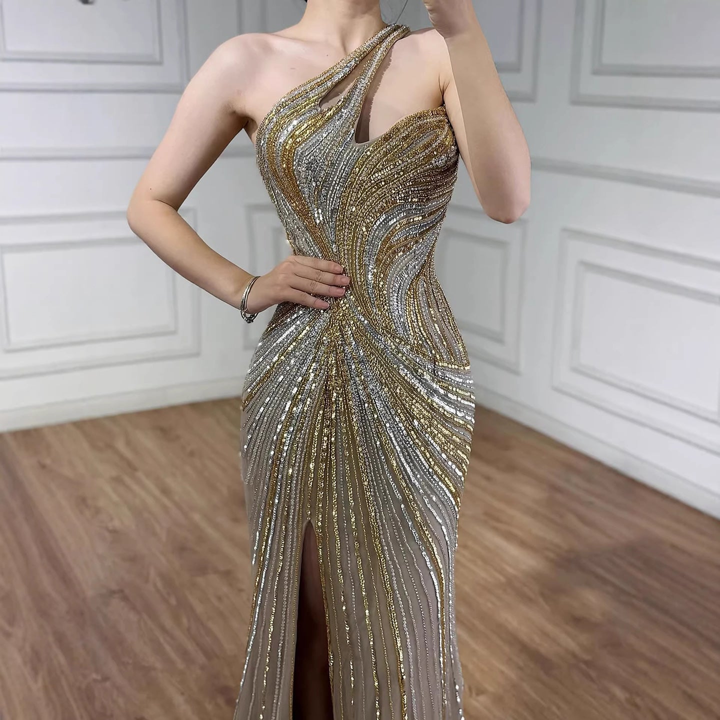 Luxury Dubai Luxury Pink Gold Beaded Sexy Evening Dress With Split LA72104A