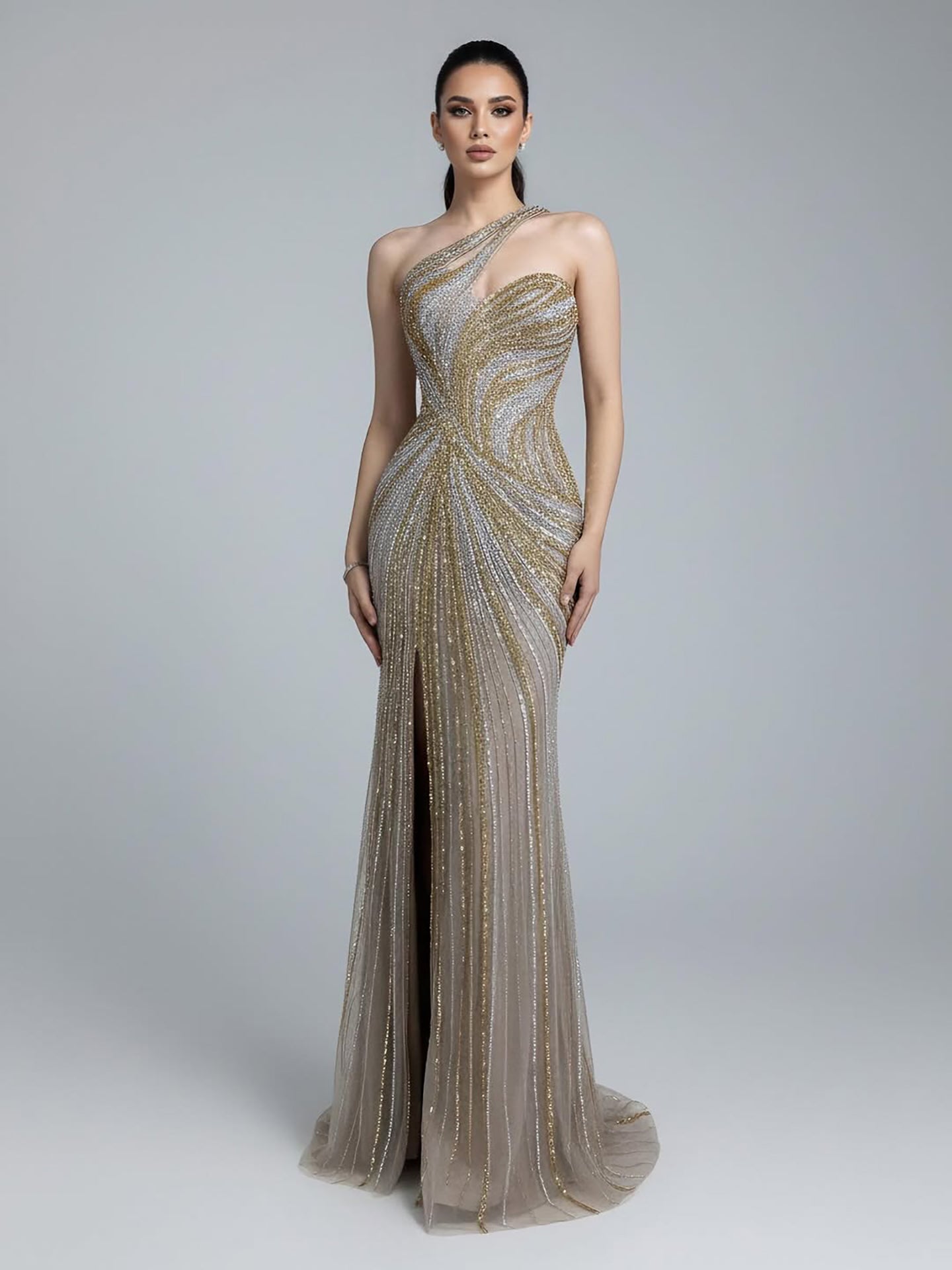 Luxury Dubai Luxury Pink Gold Beaded Sexy Evening Dress With Split LA72104A