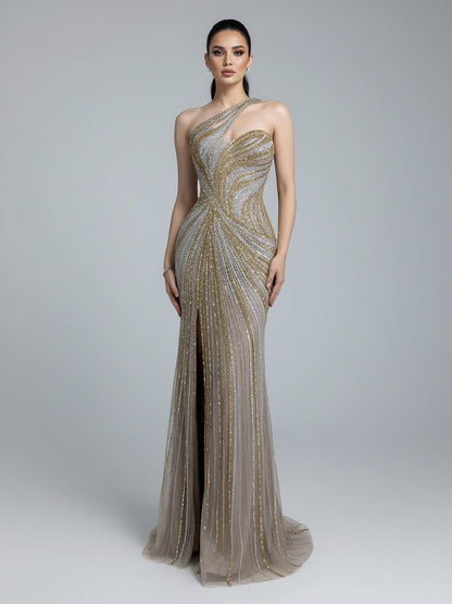 Luxury Dubai Luxury Pink Gold Beaded Sexy Evening Dress With Split LA72104A