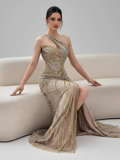 Luxury Dubai Luxury Pink Gold Beaded Sexy Evening Dress With Split LA72104A