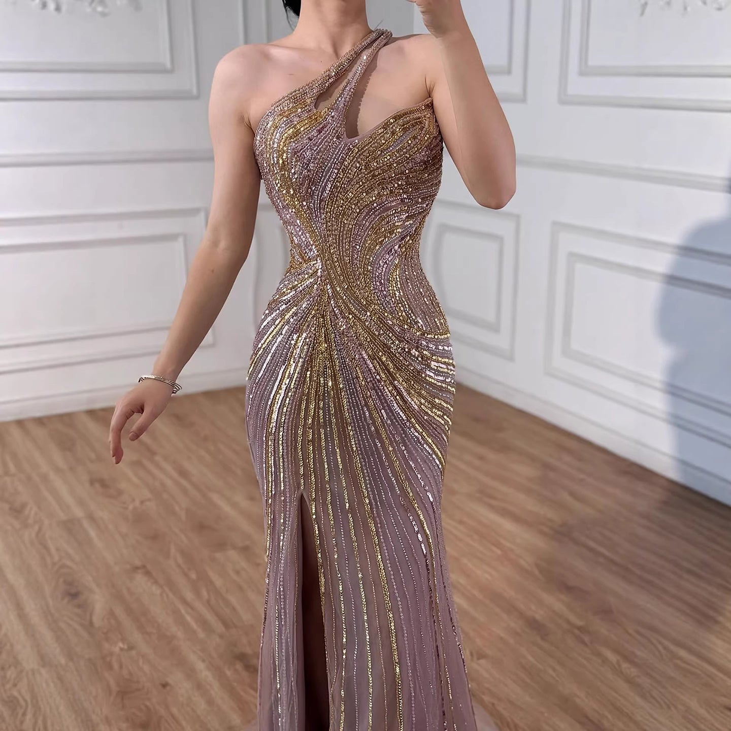 Luxury Dubai Luxury Pink Gold Beaded Sexy Evening Dress With Split LA72104A