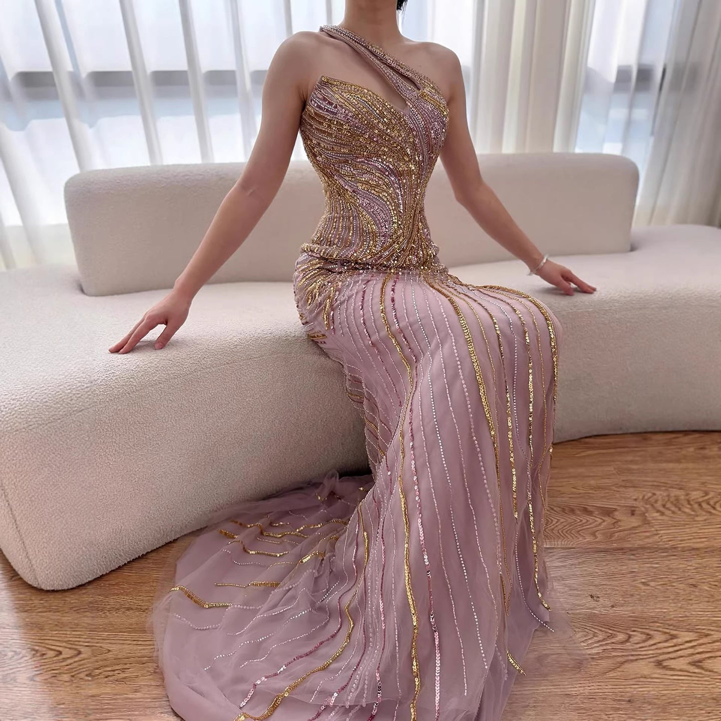 Luxury Dubai Luxury Pink Gold Beaded Sexy Evening Dress With Split LA72104A