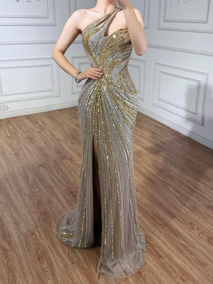 Luxury Dubai Luxury Pink Gold Beaded Sexy Evening Dress With Split LA72104A