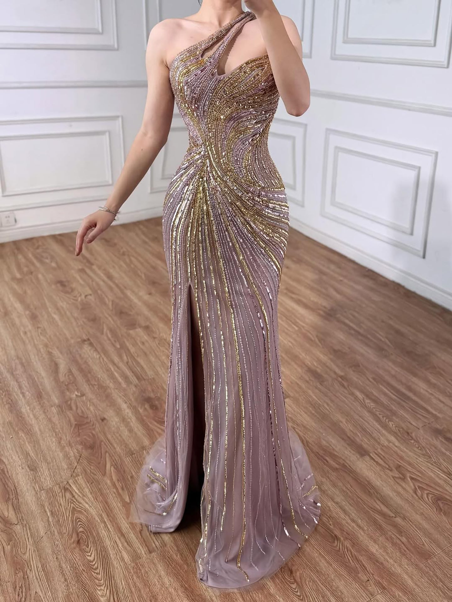 Luxury Dubai Luxury Pink Gold Beaded Sexy Evening Dress With Split LA72104A