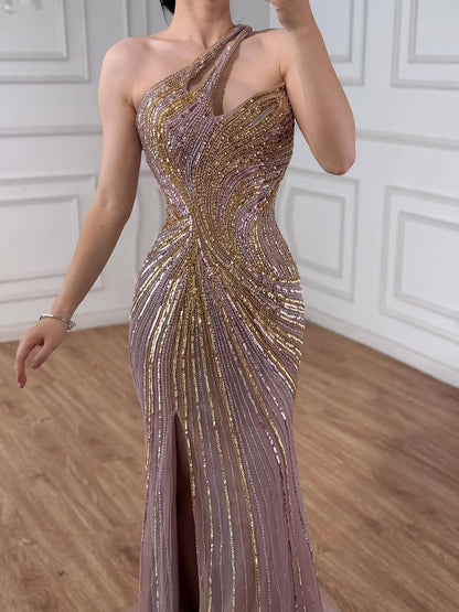 Luxury Dubai Luxury Pink Gold Beaded Sexy Evening Dress With Split LA72104A