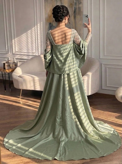 Luxury Sage Green Beaded Mermaid Evening Dress with Train LA72126C