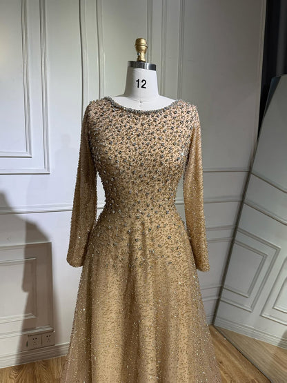 Luxury Caramel Beaded Long Sleeve A-Line Evening Dress LA72147D