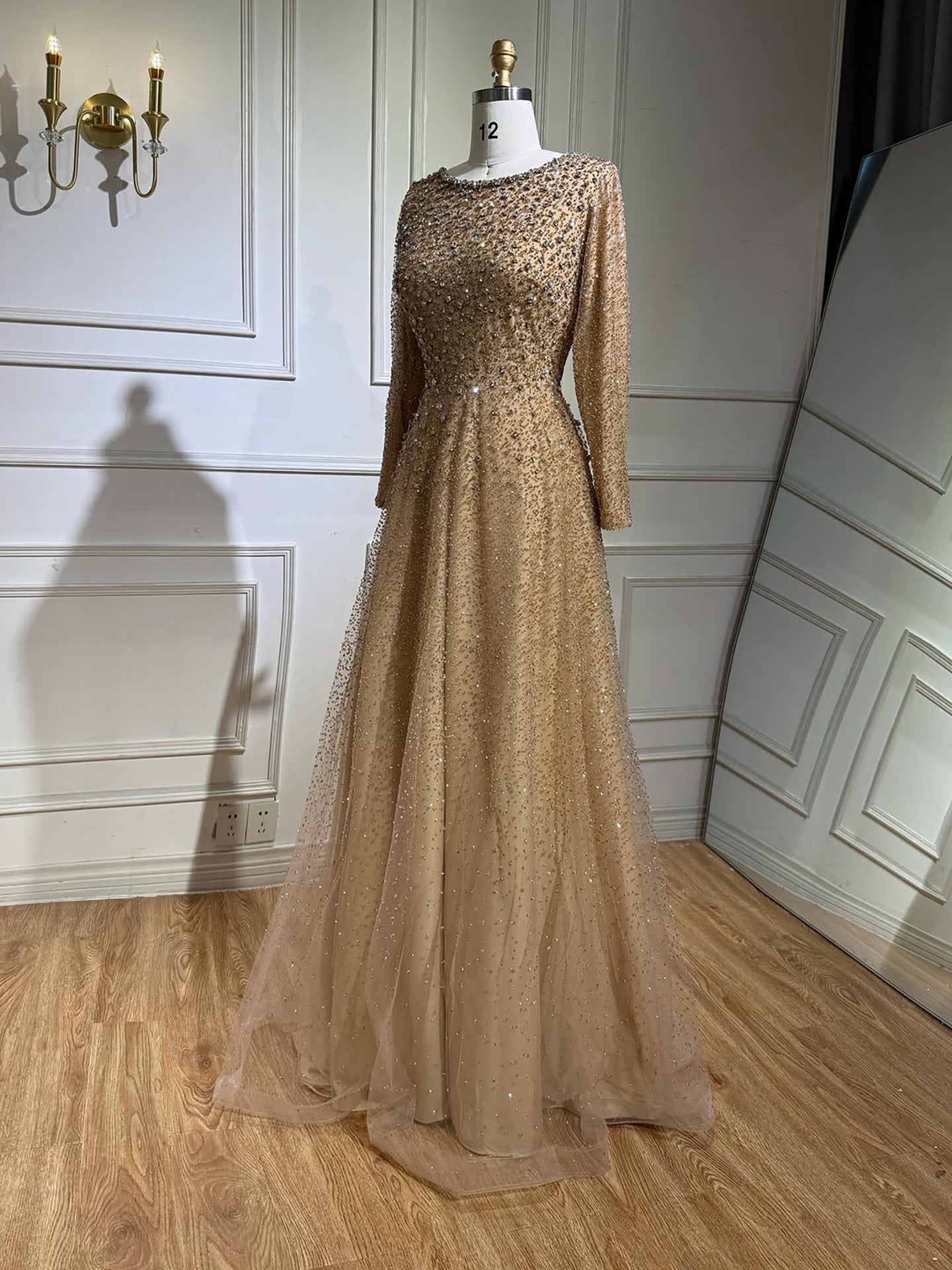 Luxury Caramel Beaded Long Sleeve A-Line Evening Dress LA72147D
