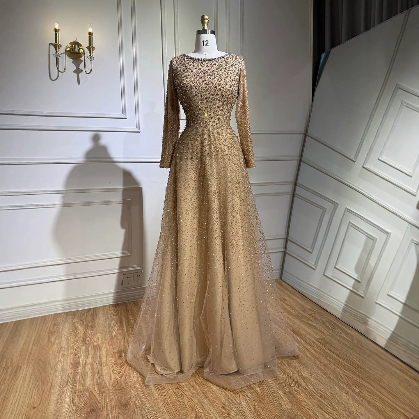 Luxury Caramel Beaded Long Sleeve A-Line Evening Dress LA72147D