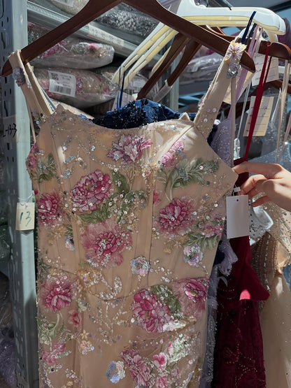 Luxury Nude Pink Beaded Off Shoulder Floral Mermaid Dress LA72163A