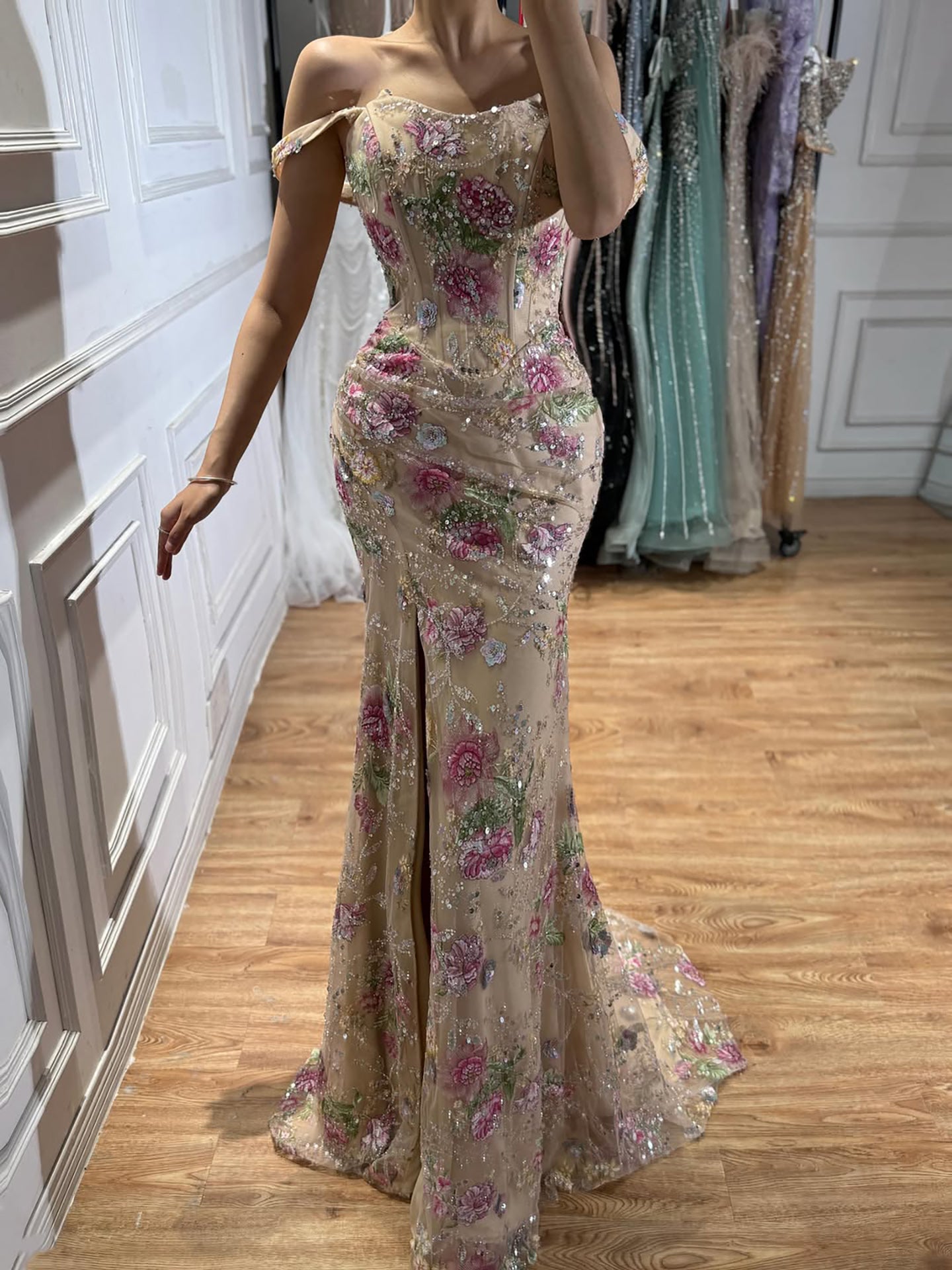 Luxury Nude Pink Beaded Off Shoulder Floral Mermaid Dress LA72163A