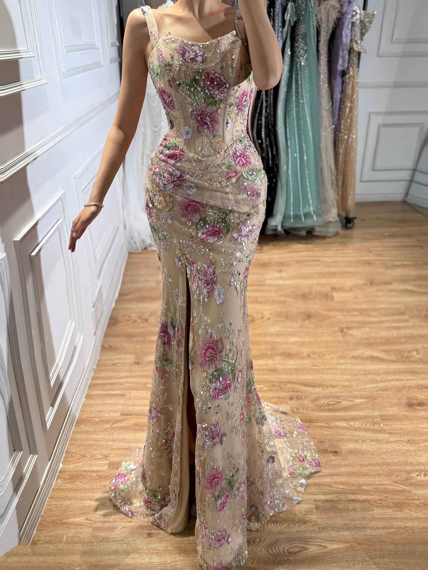 Luxury Nude Pink Beaded Off Shoulder Floral Mermaid Dress LA72163A