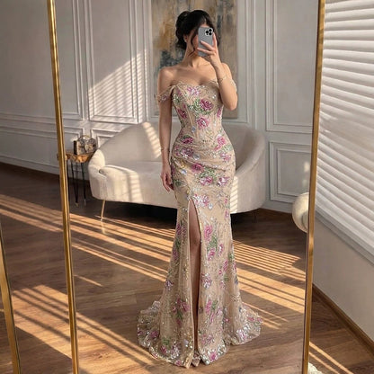 Luxury Nude Pink Beaded Off Shoulder Floral Mermaid Dress LA72163A