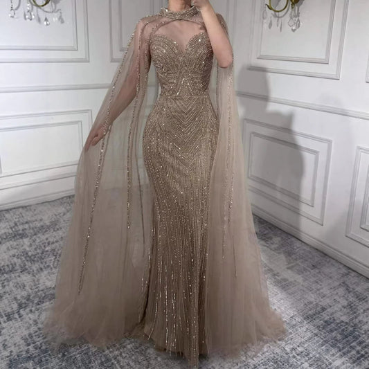 Luxury Caramel Beaded Mermaid Evening Dress with Cape Sleeves LA72233B