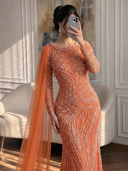 Luxury Orange Beaded Pearl Mermaid Evening Dress With Cloak Split LA72268A