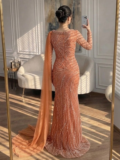 Luxury Orange Beaded Pearl Mermaid Evening Dress With Cloak Split LA72268A