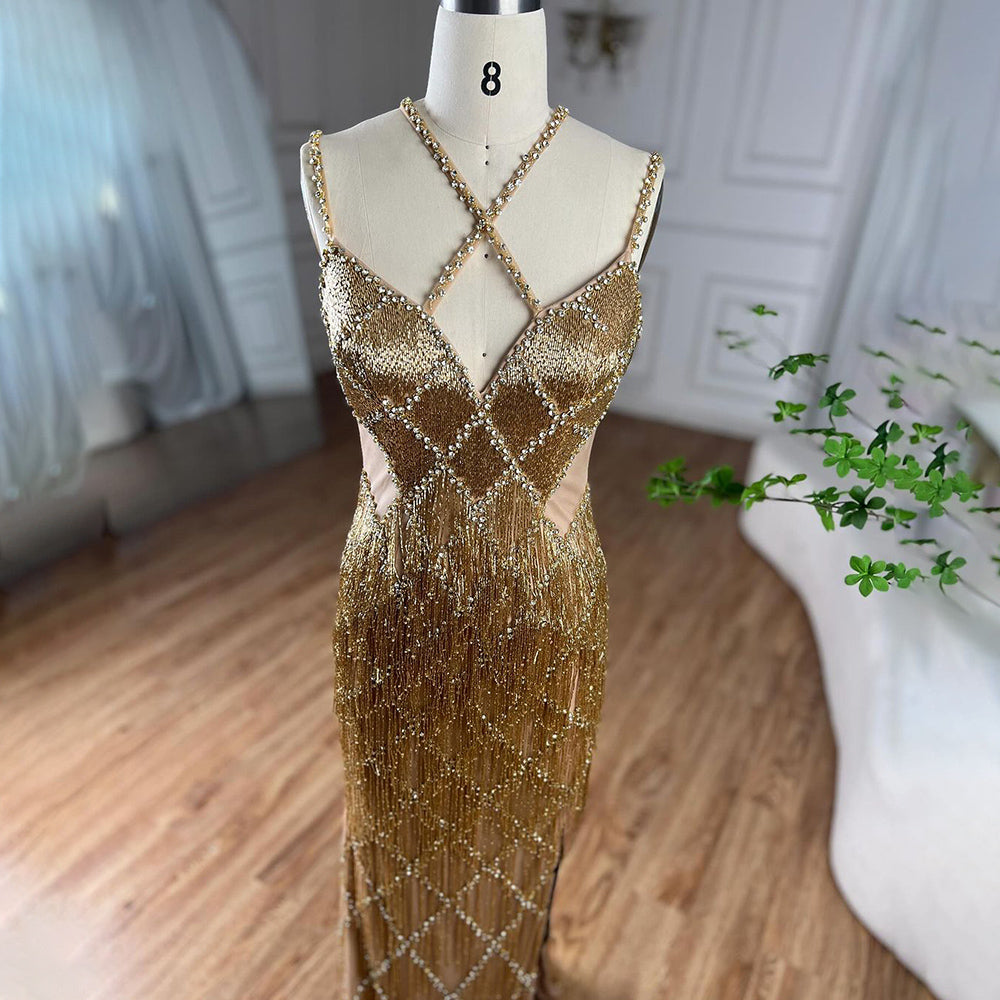 Luxury Gold Luxury Beaded Tassel Spaghetti Strap Mermaid Dress LA72280