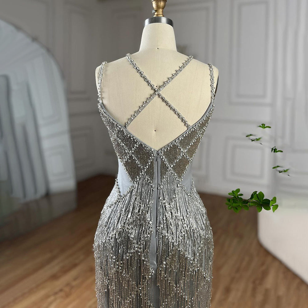 Luxury Gold Luxury Beaded Tassel Spaghetti Strap Mermaid Dress LA72280