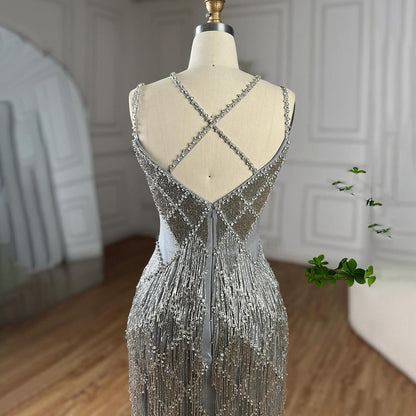 Luxury Gold Luxury Beaded Tassel Spaghetti Strap Mermaid Dress LA72280
