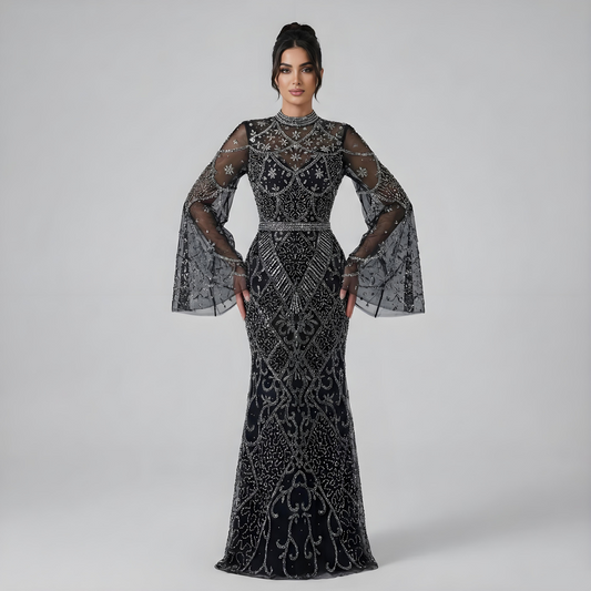 Luxury Dubai  Muslim Black Mermaid Elegant Bell Sleeve Beaded Evening Dress LA72316A