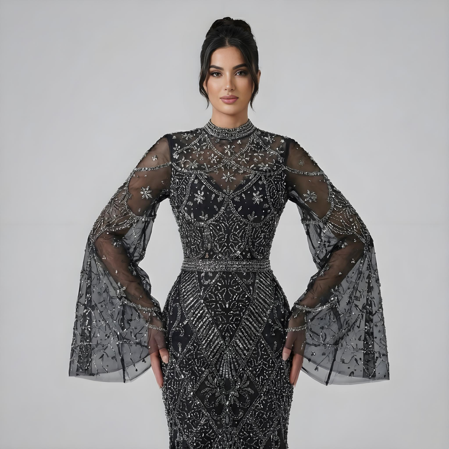 Luxury Dubai  Muslim Black Mermaid Elegant Bell Sleeve Beaded Evening Dress LA72316A