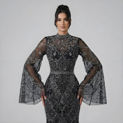 Luxury Dubai  Muslim Black Mermaid Elegant Bell Sleeve Beaded Evening Dress LA72316A
