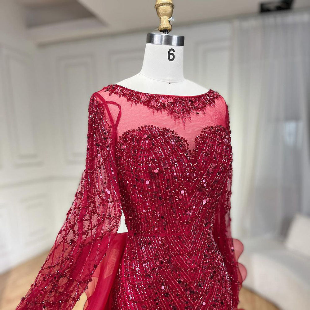 Luxury Fuchsia Beaded Mermaid Evening Dress With Overskirt LA72379