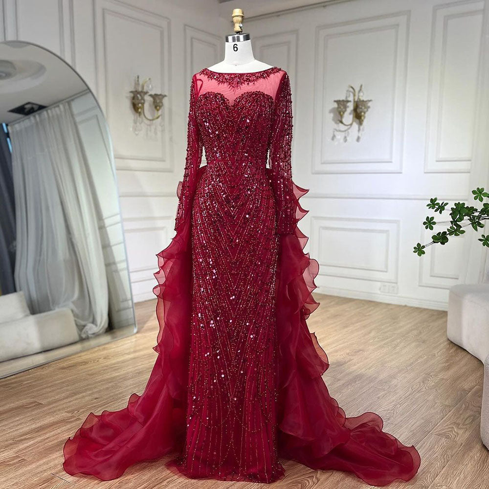Luxury Fuchsia Beaded Mermaid Evening Dress With Overskirt LA72379